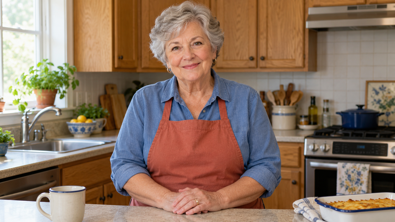 Maggie in her oak-cabinet kitchen, wearing a blue shirt and terracotta apron
